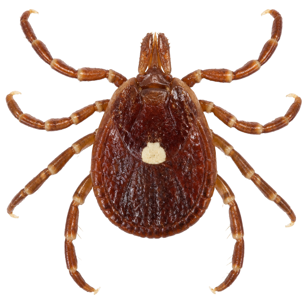 Female lone star tick, identified by the single white dot on its back — the tick bite that causes alpha-gal syndrome
